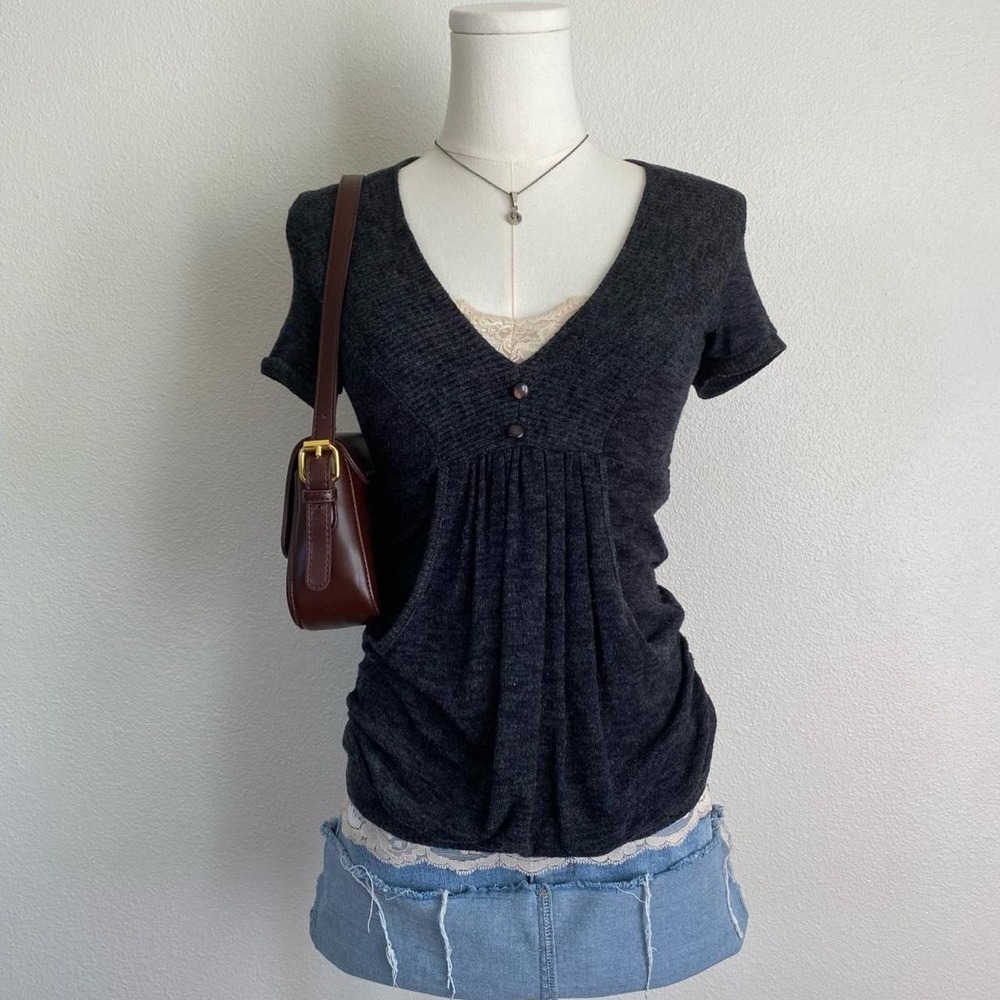 Y2K Wet Seal Gray Babydoll Tunic Pocket V Neck Short Sleeve Top Draping Bohemian